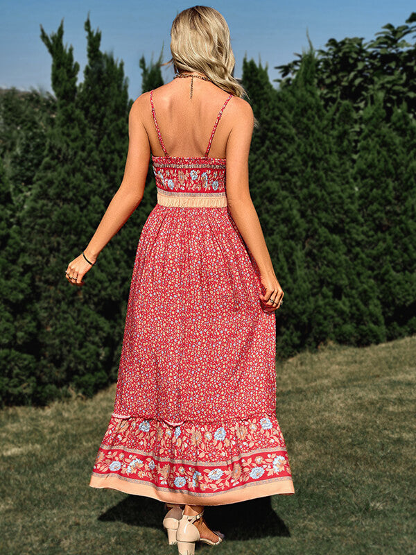 Woochic robe longue imprimé à fleurie à fines brides bohème de plage