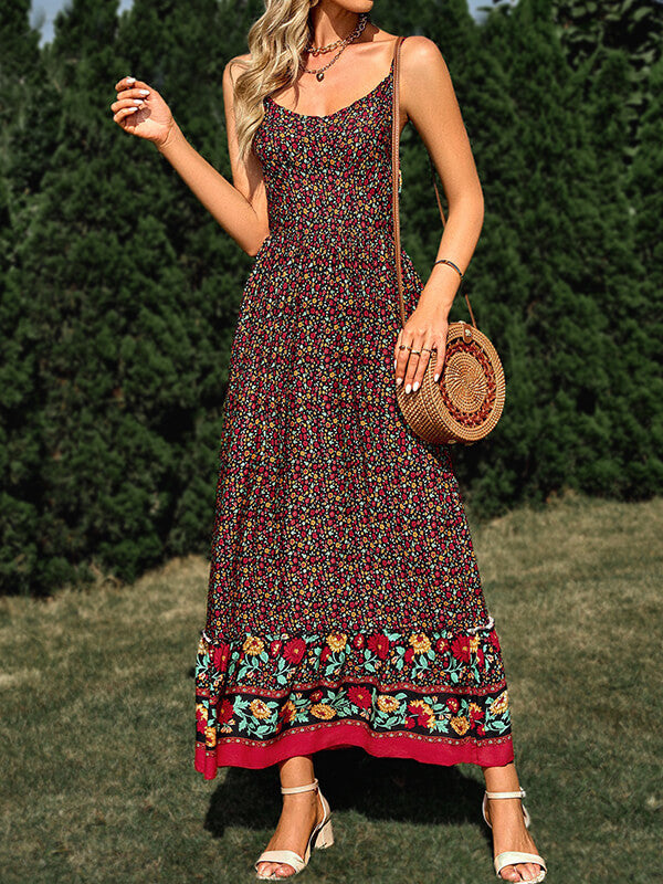 Woochic robe longue imprimé à fleurie à fines brides bohème de plage Noir S