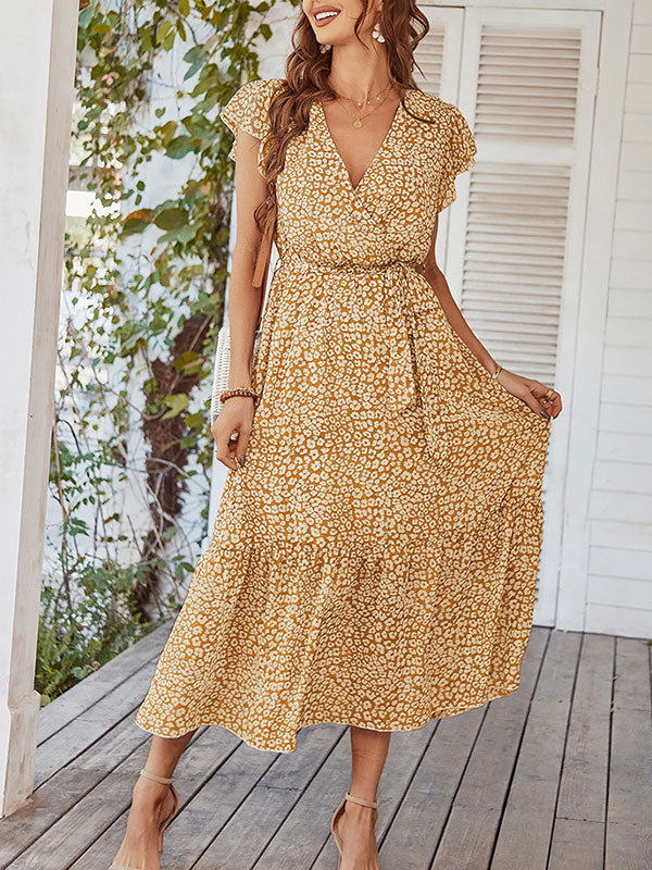 Woochic robe longue imprimé à fleurie à volantée fluide ceinture v-cou décontracté plage