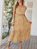 Woochic robe longue imprimé à fleurie à volantée fluide ceinture v-cou décontracté plage