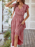 Woochic robe longue imprimé à fleurie à volantée fluide ceinture v-cou décontracté plage