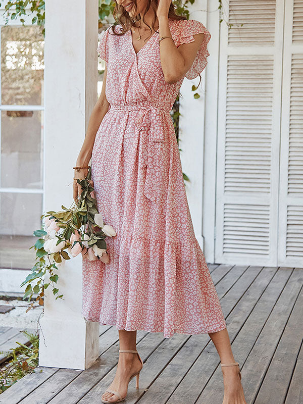 Woochic robe longue imprimé à fleurie à volantée fluide ceinture v-cou décontracté plage
