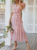 Woochic robe longue imprimé à fleurie à volantée fluide ceinture v-cou décontracté plage