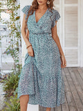 Woochic robe longue imprimé à fleurie à volantée fluide ceinture v-cou décontracté plage Vert pastel S