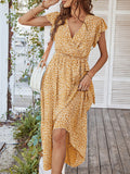 Woochic robe longue imprimé à fleurie à volantée fluide ceinture v-cou décontracté plage