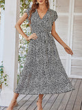 Woochic robe longue imprimé à fleurie à volantée fluide ceinture v-cou décontracté plage