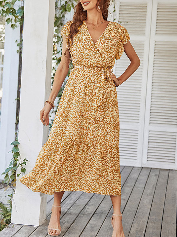 Woochic robe longue imprimé à fleurie à volantée fluide ceinture v-cou décontracté plage