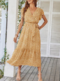 Woochic robe longue imprimé à fleurie à volantée fluide ceinture v-cou décontracté plage