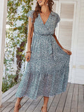 Woochic robe longue imprimé à fleurie à volantée fluide ceinture v-cou décontracté plage