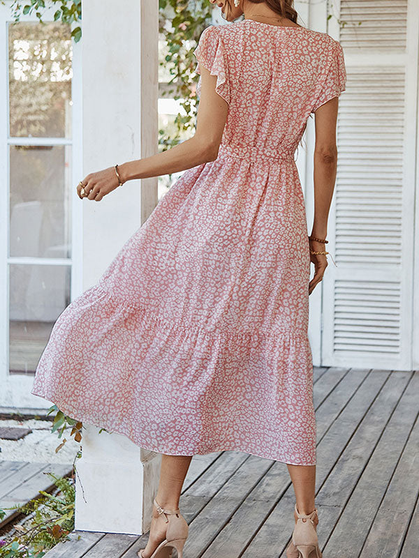 Woochic robe longue imprimé à fleurie à volantée fluide ceinture v-cou décontracté plage