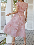 Woochic robe longue imprimé à fleurie à volantée fluide ceinture v-cou décontracté plage
