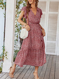 Woochic robe longue imprimé à fleurie à volantée fluide ceinture v-cou décontracté plage