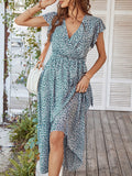 Woochic robe longue imprimé à fleurie à volantée fluide ceinture v-cou décontracté plage