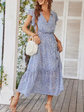 Woochic robe longue imprimé à fleurie à volantée fluide ceinture v-cou décontracté plage