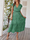 Woochic robe longue imprimé à fleurie à volantée fluide ceinture v-cou décontracté plage