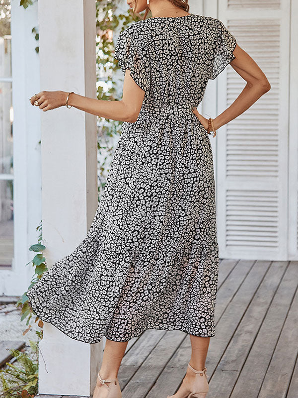 Woochic robe longue imprimé à fleurie à volantée fluide ceinture v-cou décontracté plage