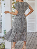 Woochic robe longue imprimé à fleurie à volantée fluide ceinture v-cou décontracté plage