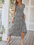 Woochic robe longue imprimé à fleurie à volantée fluide ceinture v-cou décontracté plage