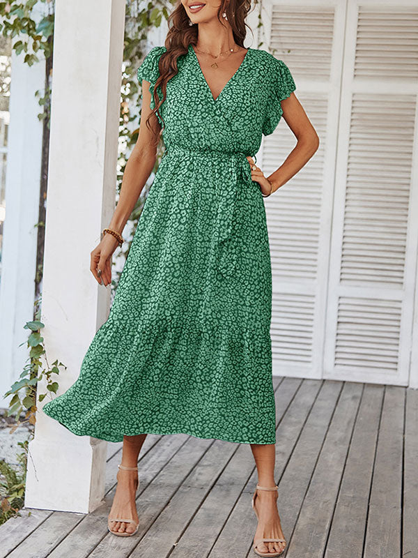 Woochic robe longue imprimé à fleurie à volantée fluide ceinture v-cou décontracté plage