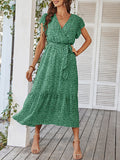 Woochic robe longue imprimé à fleurie à volantée fluide ceinture v-cou décontracté plage