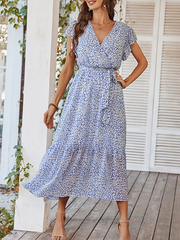 Woochic robe longue imprimé à fleurie à volantée fluide ceinture v-cou décontracté plage