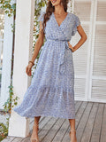 Woochic robe longue imprimé à fleurie à volantée fluide ceinture v-cou décontracté plage
