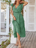 Woochic robe longue imprimé à fleurie à volantée fluide ceinture v-cou décontracté plage