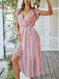 Woochic robe longue imprimé à fleurie à volantée fluide ceinture v-cou décontracté plage