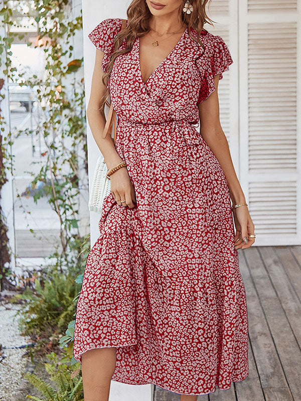 Woochic robe longue imprimé à fleurie à volantée fluide ceinture v-cou décontracté plage Bordeaux S