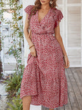 Woochic robe longue imprimé à fleurie à volantée fluide ceinture v-cou décontracté plage Bordeaux S