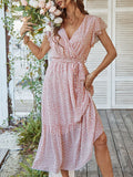 Woochic robe longue imprimé à fleurie à volantée fluide ceinture v-cou décontracté plage