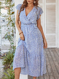 Woochic robe longue imprimé à fleurie à volantée fluide ceinture v-cou décontracté plage Bleu S