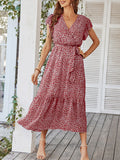 Woochic robe longue imprimé à fleurie à volantée fluide ceinture v-cou décontracté plage