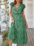 Woochic robe longue imprimé à fleurie à volantée fluide ceinture v-cou décontracté plage Vert S