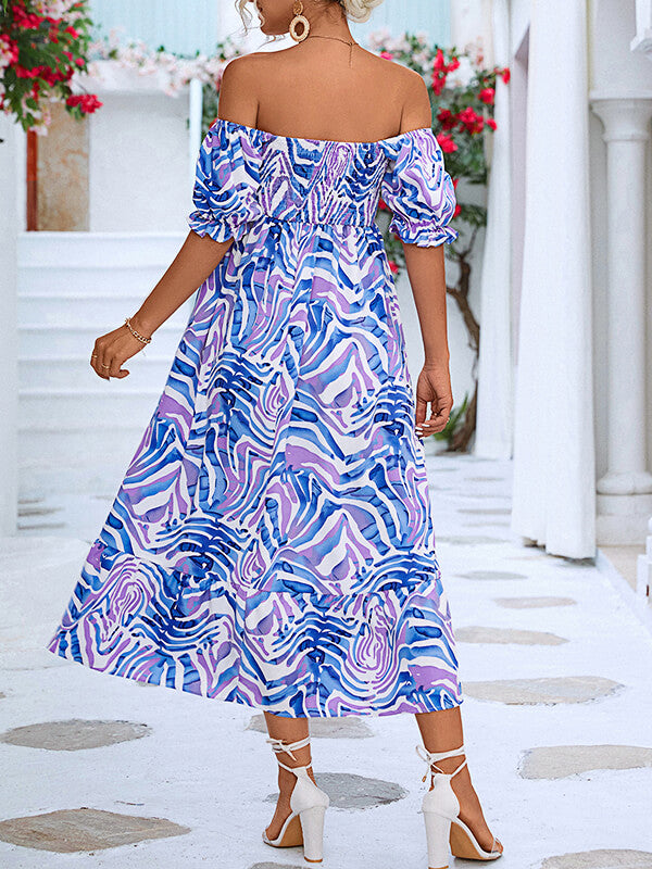Woochic robe longue imprimé à fleurie col bateau manches bouffantes bohème de plage