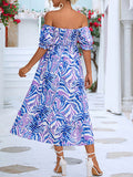 Woochic robe longue imprimé à fleurie col bateau manches bouffantes bohème de plage