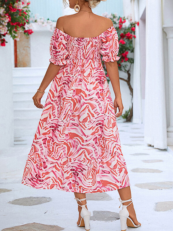 Woochic robe longue imprimé à fleurie col bateau manches bouffantes bohème de plage