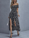 Woochic robe longue imprimé à fleurie fendu le côté col bateau bohème de plage Noir S