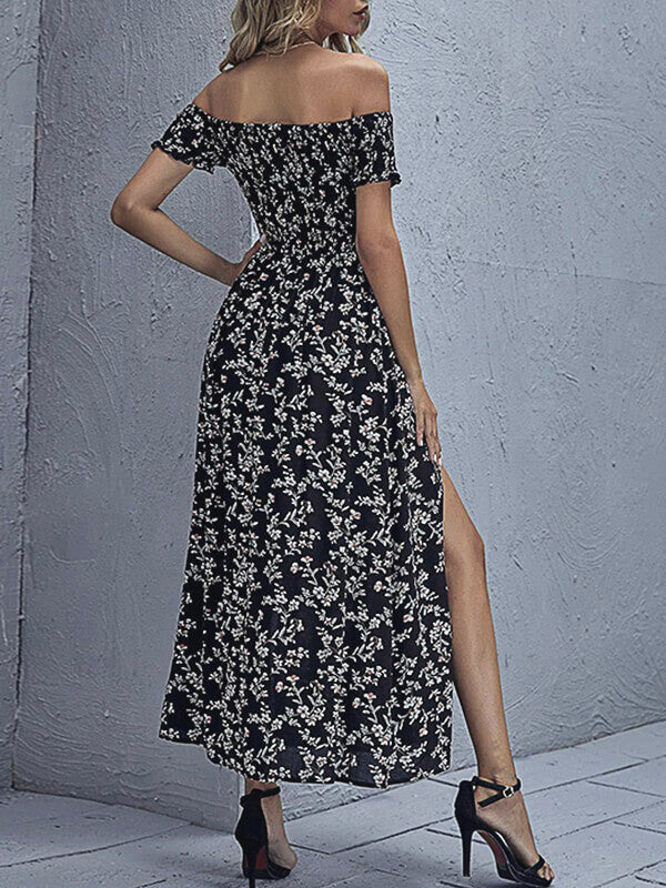 Woochic robe longue imprimé à fleurie fendu le côté col bateau bohème de plage