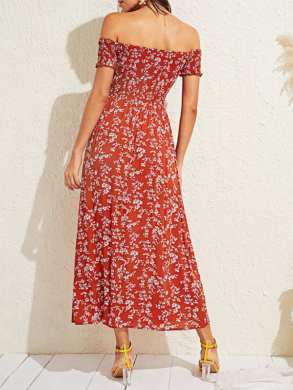 Woochic robe longue imprimé à fleurie fendu le côté col bateau bohème de plage