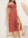 Woochic robe longue imprimé à fleurie fendu le côté col bateau bohème de plage