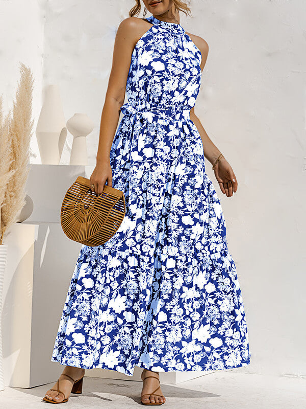 Woochic robe longue imprimé à fleurie licou sans manches élégant de plage