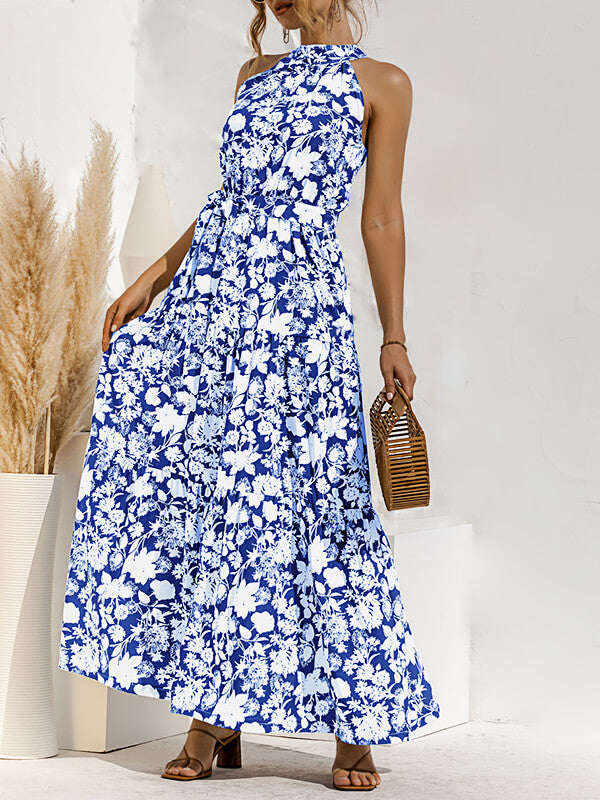 Woochic robe longue imprimé à fleurie licou sans manches élégant de plage Bleu S