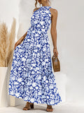 Woochic robe longue imprimé à fleurie licou sans manches élégant de plage Bleu S