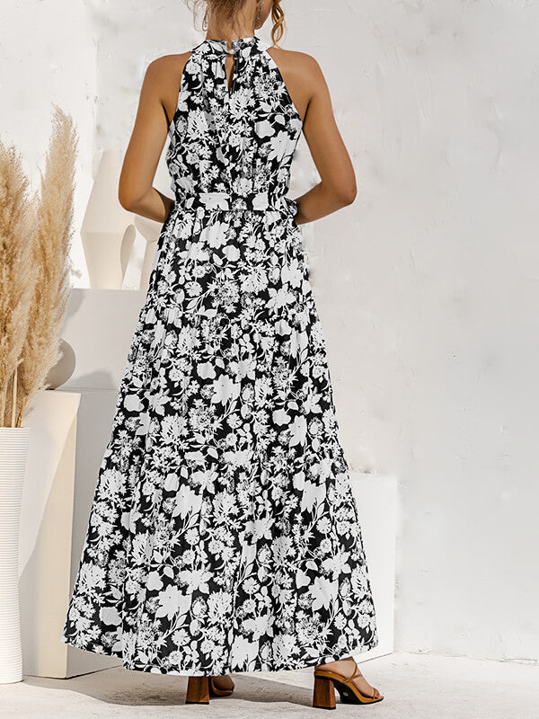 Woochic robe longue imprimé à fleurie licou sans manches élégant de plage
