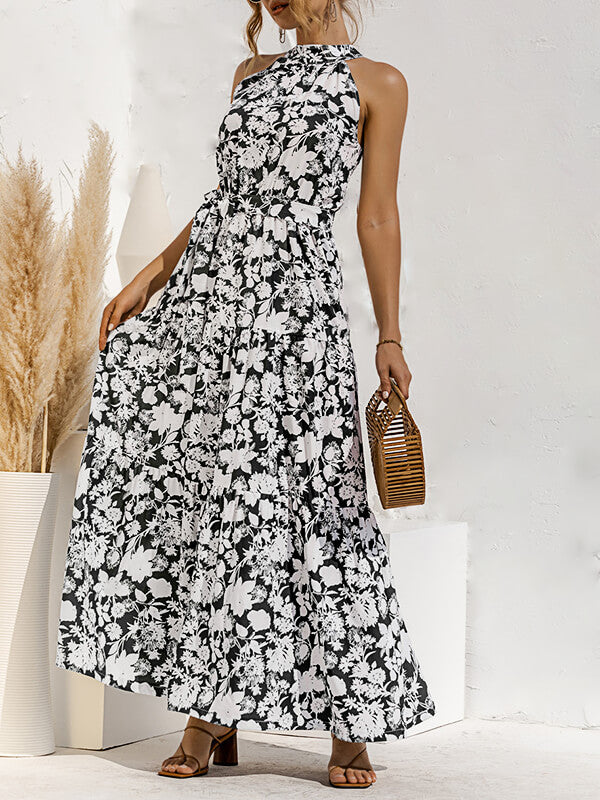 Woochic robe longue imprimé à fleurie licou sans manches élégant de plage Noir S