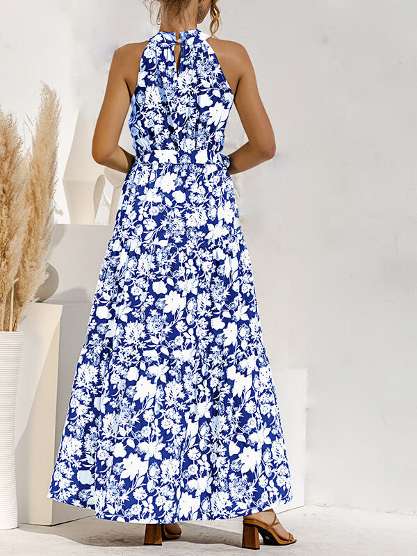 Woochic robe longue imprimé à fleurie licou sans manches élégant de plage