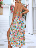 Woochic robe longue imprimé à fleurie strappy dos nu fendu le côté bohème de plage