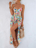 Woochic robe longue imprimé à fleurie strappy dos nu fendu le côté bohème de plage