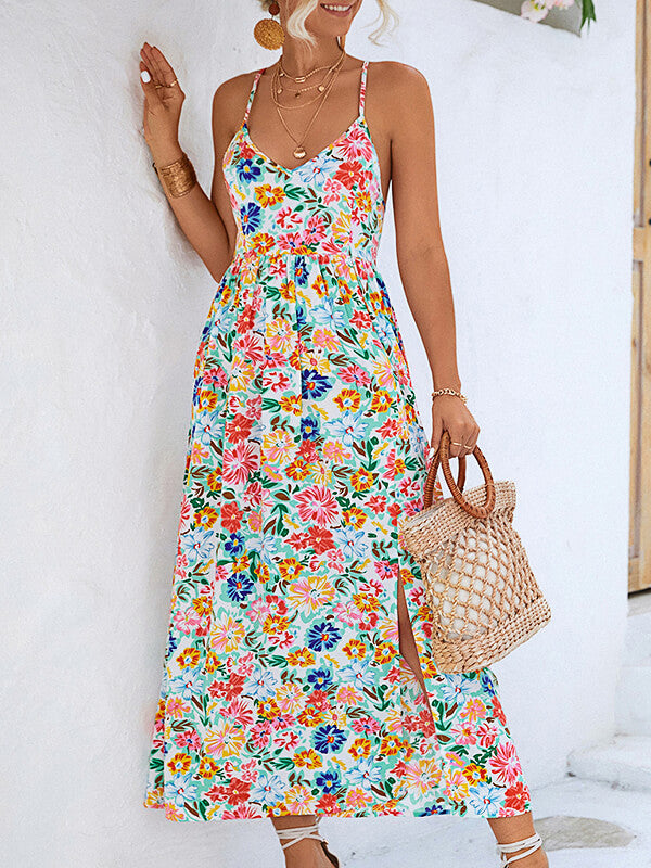Woochic robe longue imprimé à fleurie strappy dos nu fendu le côté bohème de plage